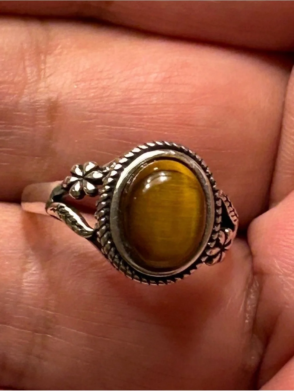 Sterling Silver S925 Ring with Tiger's Eye Crystal Stone Size 7 Woman’s floral